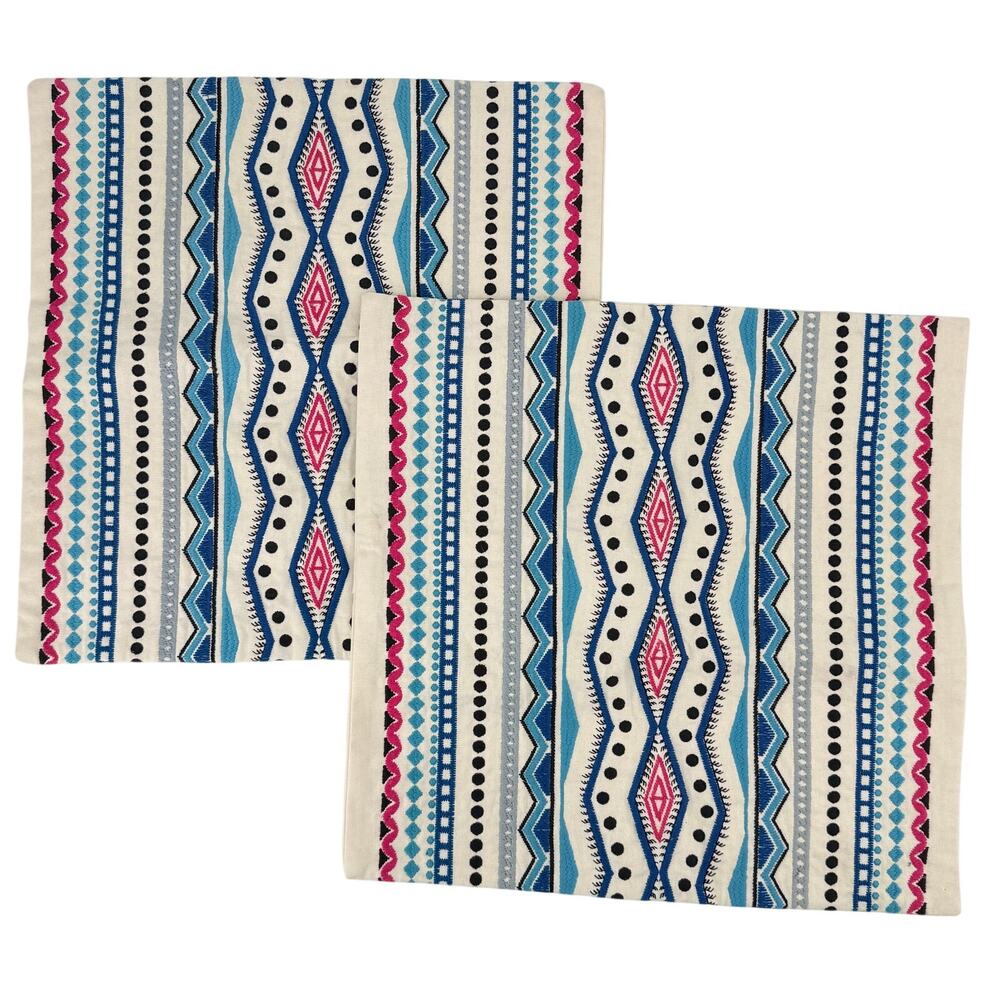 West Elm Set Of 2 Embroidered Pillow Covers 18x18 Cotton Geometric Pink Blue
